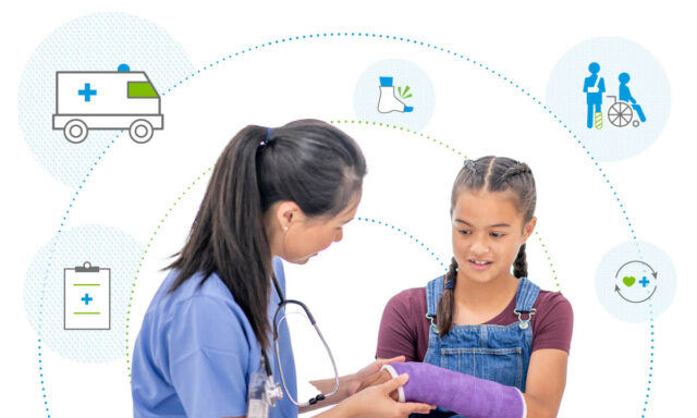 A nurse checking the patient's arm against a background of icons representing healthcare