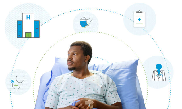 A man in a hospital bed with a background of icons representing healthcare